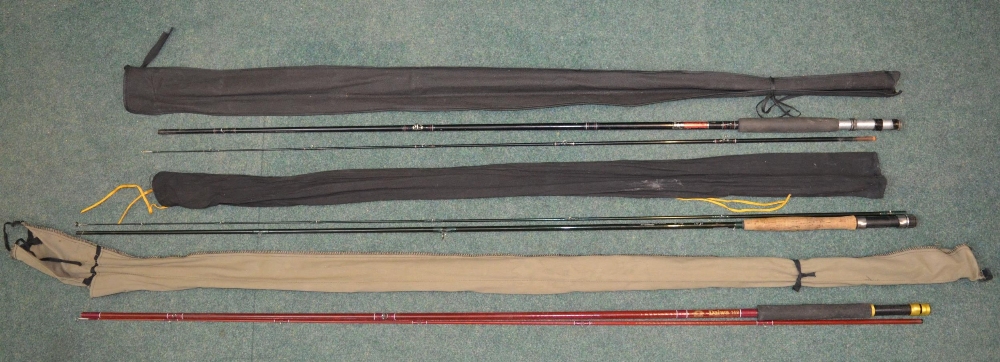 Three carbon fibre fly rods - Lureflash Viper 10ft two piece, Daiwa 149 10ft two piece, D.A.M