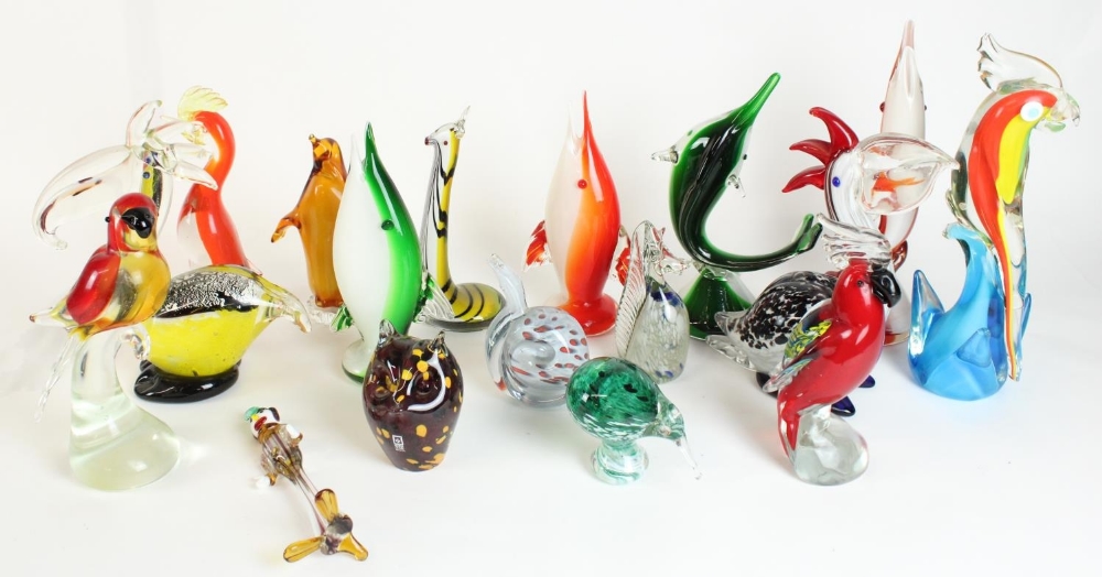 Collection of Murano and other glass birds, fish and paperweights, tallest H30cm