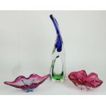 Adam Jablonkski art glass sculpture, H45cm and two Murano style art glass bowls