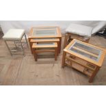 Contemporary light oak nest of 3 tables with inset glass tops, matching magazine rack, similar stool