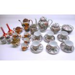 Partial Japanese tea set, another partial Oriental tea set, pair of Oriental posy vase with red