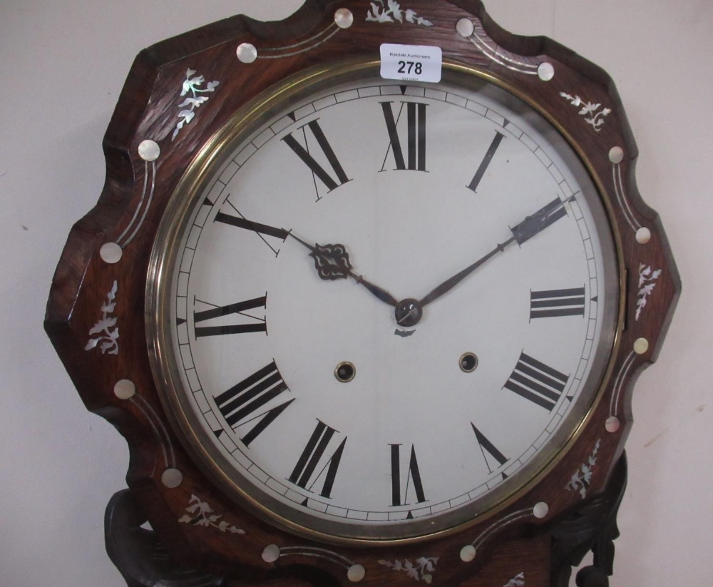 Late C19th/early C20th simulated rosewood inlaid drop dial wall clock, brass bezel enclosing painted - Image 2 of 3