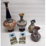 Doulton and Slaters vase, Murano style vase, Cloisonné vase with oriental birds, decorative jug