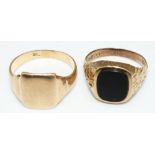 9ct yellow gold square faced signet ring, stamped 9ct, size V1/2, and another 9ct gold signet ring