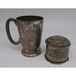 ER. II hallmarked Sterling silver mug by Walker & Hall, Sheffield, and an Edw. VII silver lidded jar