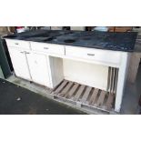 c20th painted pine kitchen island unit with drawers and cupboards with sliding doors, later top (a/