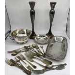 Collection of EPNS including a tray with pierced border, a dish engraved for the 'Pavil Hotel