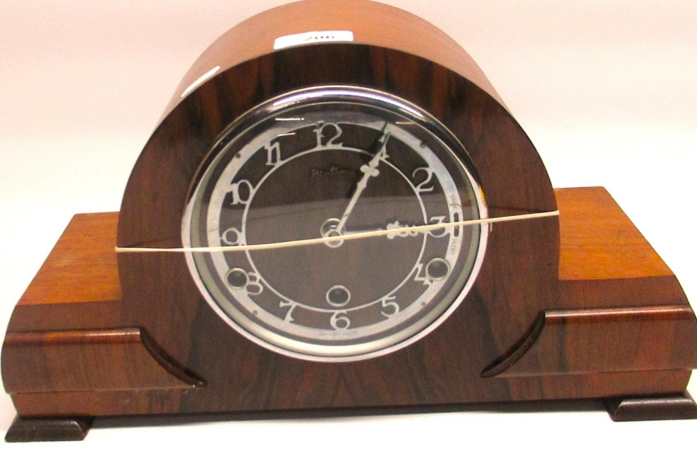 Bentima 1930's figured walnut cased mantel clock with chrome plated bezel, three train Westminster