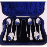 Cased set of six Geo.V hallmarked Sterling silver teaspoons with matching sugar nips by Arthur