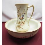 Crown Ducal washstand jug and bowl, decorated with exotic birds and insects on a blush ground, H34cm