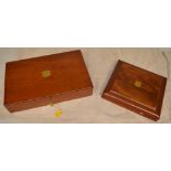 Pair of mahogany cutlery boxes with inlay, and brass inlaid plaques, 40cm x 26cm, 29cm x 26cm (2)