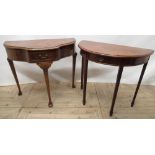 Mahogany demi lune hall table, single frieze drawer, on square tapering leg, with spade feet(