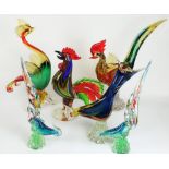 Six Murano art glass cockerel and bird figures, largest H44cm