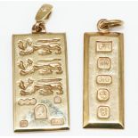 9ct yellow gold three lions ingot pendant, the bail set with brilliant cut diamond, stamped 375, and