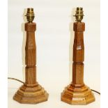 Brian Haw (former Mouseman carver) Yorkshire Oak - Pair of table lamps on stepped bases, H37cm