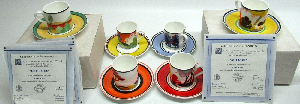 Eight Wedgwood "Bradford Exchange" Clarice Cliff ltd. ed. Cafe Chic coffee cans and saucers, "