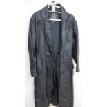 20th Century black leather single breasted three-quarter length coat with tapering pockets Size 36