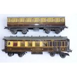 2 pre-war Meccano Hornby Series O gauge bogie railway coaches. A GWR 6597 First Class carriage (with