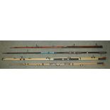 4 carbon fibre 2 piece fishing rods - modern Shakespeare 12ft "In2 Beachcaster", vintage "