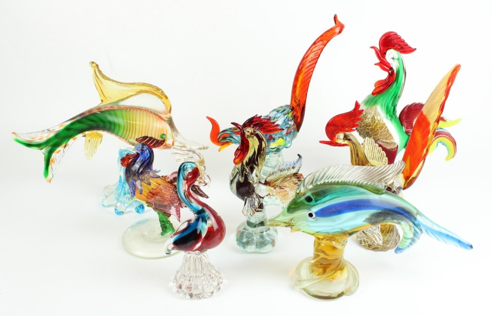 Eight Murano style glass cockerels and fish figurines, largest H31cm