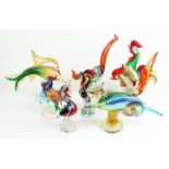 Eight Murano style glass cockerels and fish figurines, largest H31cm