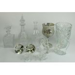 Clear glass decanters, vase, grape sculptures, candle holders etc (1 box)