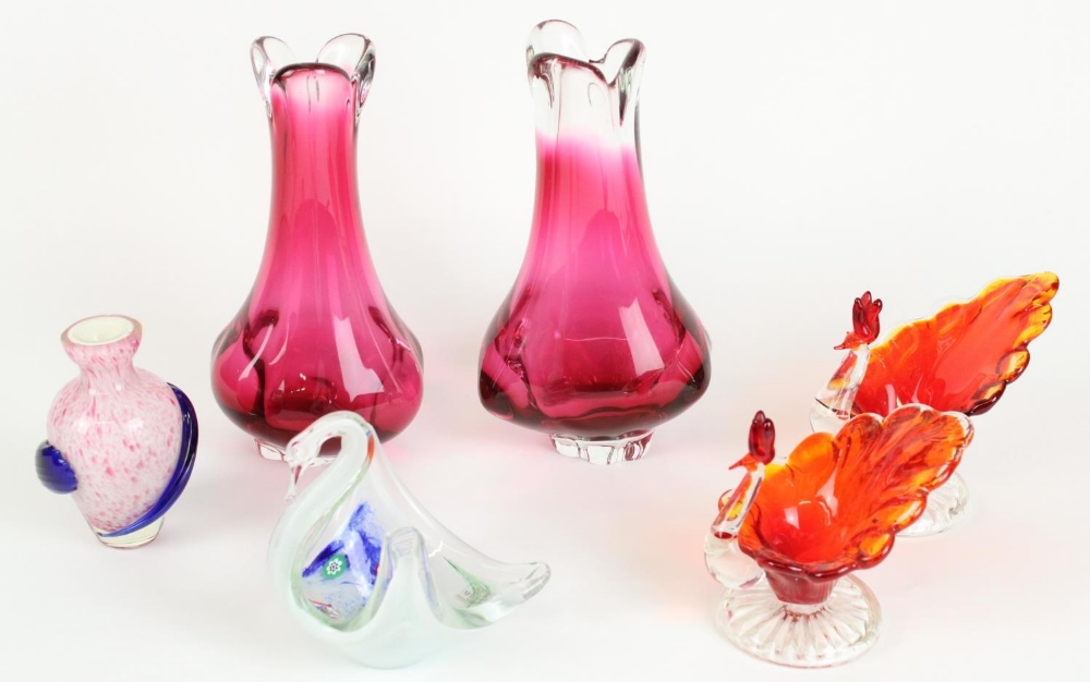 Murano scattered Millefiori glass swan figure, pair of pink art glass vases, two small glass peacock