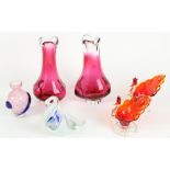 Murano scattered Millefiori glass swan figure, pair of pink art glass vases, two small glass peacock