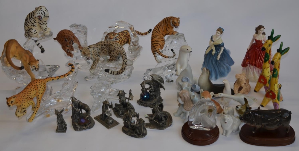 A collection of ceramic animals, 2 Royal Doulton figurines, pewter fantasy scenes etc (3 boxes)