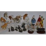 A collection of ceramic animals, 2 Royal Doulton figurines, pewter fantasy scenes etc (3 boxes)