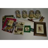 A collection of shooting and fishing ephemera including 4 gamebird themed Steins, a wooden duck call