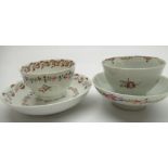 C19th Newhall tea bowl and saucer with wave and floral decoration, another similar period tea bowl