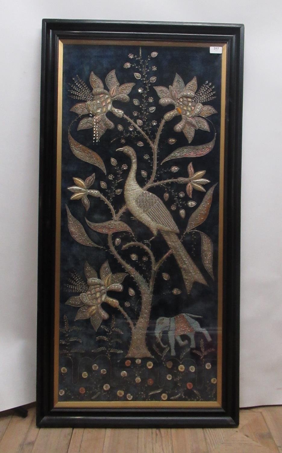 Framed Indian Zardozi type metal embroidered wall art tapestry panel decorated with peacocks and