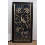 Framed Indian Zardozi type metal embroidered wall art tapestry panel decorated with peacocks and