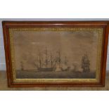 Early framed print depicting naval engagement between Royal Navy ships of the line in action