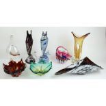 Selection of art glass to include cased bowls, shell bowl, Murano fish and a blown glass ship in a