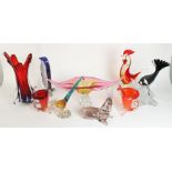 Murano style vases, cockerels and other animals, largest H35cm