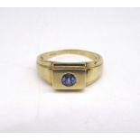 9ct yellow gold ring set with tanzanite, stamped 9k, size V1/2, 4.2g