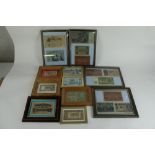 Collection of framed and glazed world bank notes, to include early German Reichsbanfnotes, East