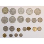 Selection of GB coinage, mostly cupro nickel crowns and mixed denoms with a George III guinea