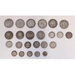 C19th GB silver content coinage, all Queen Victoria, denoms threepence through to half crown,