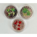 Three Canada 1oz fine silver $5 CAN coins with enamel maple leaf decoration reverse