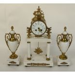 Late C19th French white marble and ormolu clock garniture