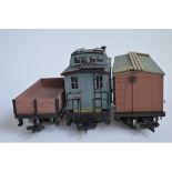 3 G-gauge railway wagons, 1 by Bachmann, 2 by Aristo including a track cleaning wagon. Both