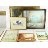 Selection of painting and prints to include signed David Shepherd Elephant print, largest 52cm x