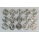 Fifteen 1 oz .999 Mexican silver Plata Pura Ley coins, date range 1982 through 1995 (year 1994