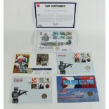 Five commemorative coin covers inc. 1914-1918 Great War War at Sea (2), 2002 Golden Jubilee, Red