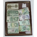 Selection of GB & Channel Islands £1 bank notes, to include KGV £1 (Fisher), glazed and framed