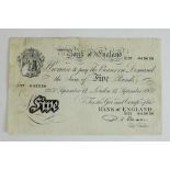 Bank of England white £5 bank note 14th September 1950, Beale, serial S57 043059. Some staining