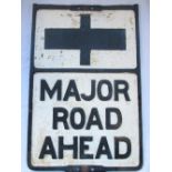 Cast metal railway/road sign 'Major Road Ahead', H54cm, W36cm